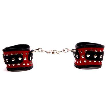 Фигурные красно-чёрные наручники с клёпками - натуральная кожа