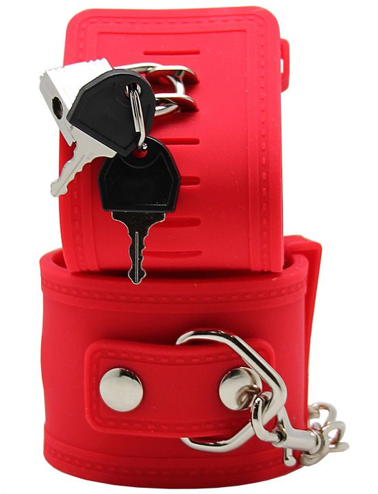 Красные силиконовые наручники с фиксацией и ключиком Eroticon
