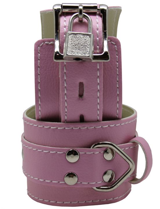 Розовые регулируемые наручники с фиксацией на карабинах - искусственная кожа