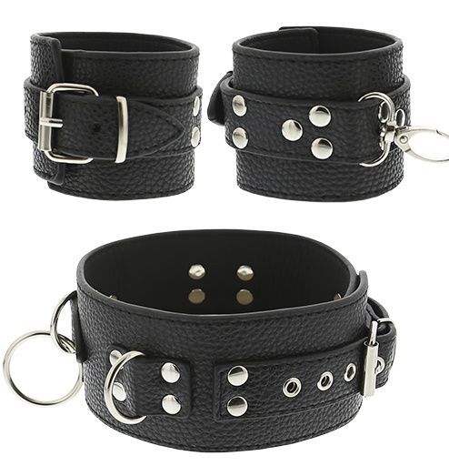 Черный ошейник с манжетами для рук COLLAR   CUFF SET