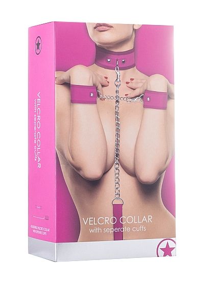 Розовый ошейник с поводком и наручниками Velcro Collar With Seperate Cuffs - натуральная кожа