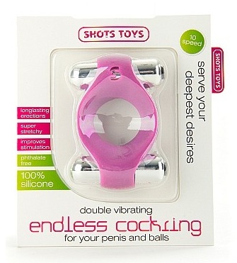 Розовое эрекционное кольцо Double Vibrating Endless Cockring с 2 вибропулями - силикон