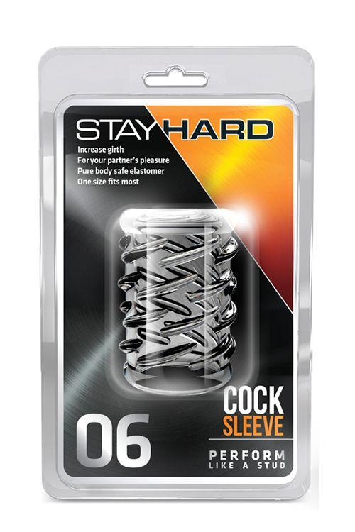 Прозрачная насадка с объёмными чёрточками STAY HARD COCK SLEEVE 06 CLEAR - силикон