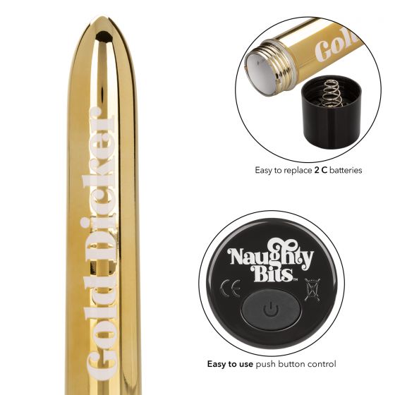 Золотистый классический вибратор Naughty Bits Gold Dicker Personal Vibrator - 19 см. California Exotic Novelties