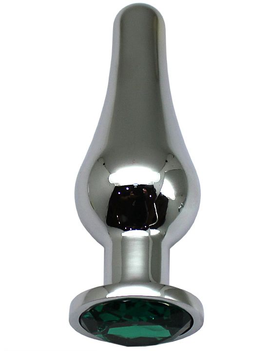 Серебристая анальная пробка с зеленым кристаллом - 13 см. от Intimcat