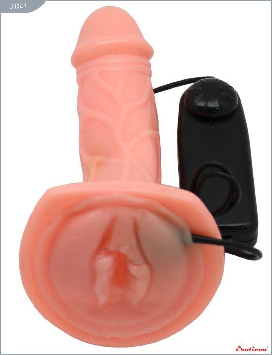 Универсальный телесный страпон с мини-вагиной и вибрацией - 19,5 см. от Intimcat