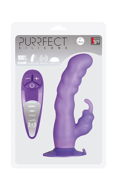 Фиолетовый вибратор с клиторальным отростком и присоской PURRFECT SILICONE SUCTION CUP DUO VIBE - 18 см. - силикон