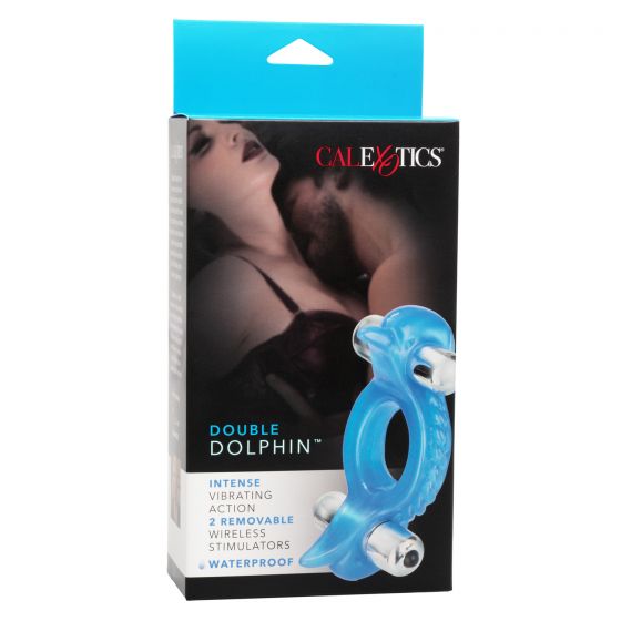 Голубое эрекционное кольцо с 2 виброэлементами Double Dolphin California Exotic Novelties