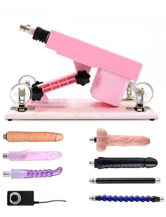Розовая секс-машина с проводным пультом и 5 насадками - анодированный пластик, TPR