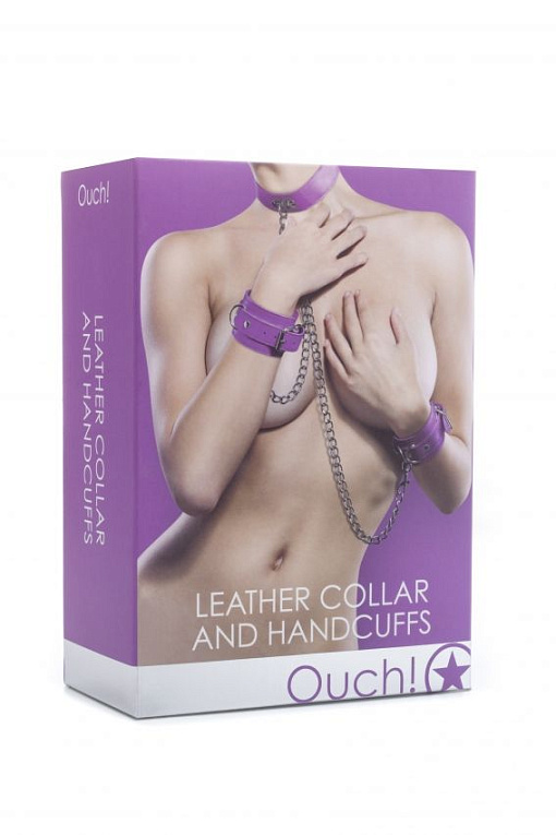 Фиолетовый комплект для бондажа Leather Collar and Handcuffs - натуральная кожа