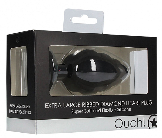 Черная анальная пробка Extra Large Ribbed Diamond Heart Plug - 9,6 см. - силикон