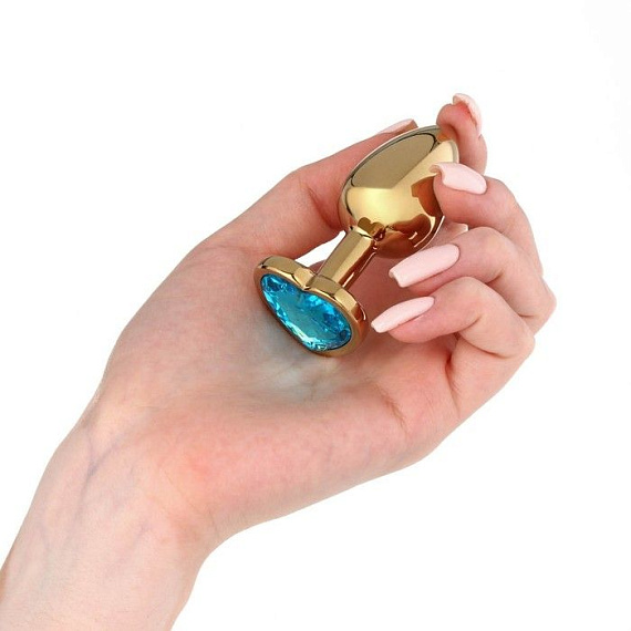 Золотистая анальная пробка с голубым кристаллом в форме сердца - 7 см. от Intimcat
