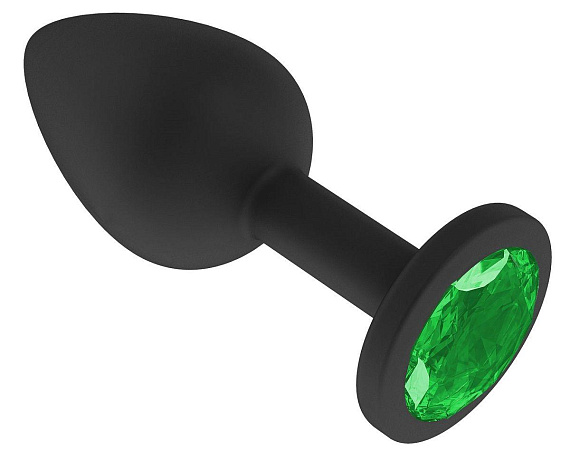 Чёрная анальная втулка с зеленым кристаллом - 7,3 см. - силикон