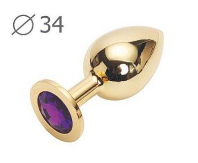 Коническая золотистая анальная втулка с кристаллом фиолетового цвета - 8,2 см.