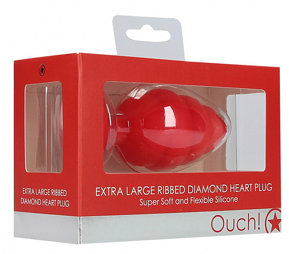 Красная анальная пробка Extra Large Ribbed Diamond Heart Plug - 9,6 см. - силикон