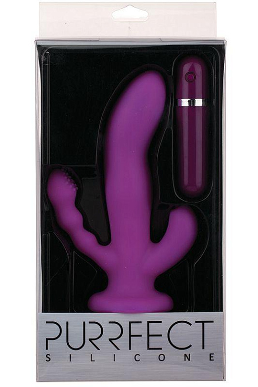 Фиолетовый вибратор с двумя дополнительными отростками PURRFECT SILICONE 3WAYS VIBRATOR 6.5INCH - 17 см. - силикон