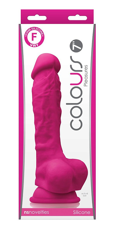 Розовый реалистичный фаллоимитатор с мошонкой Colours Pleasures 7 Dildo - 17,8 см. - силикон