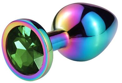 Разноцветная гладкая анальная пробка с зеленым кристаллом - 9,5 см.