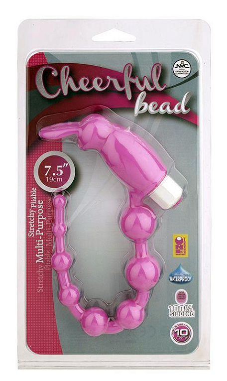 Розовая анальная цепочка с виброзайкой на кончике CHEERFUL BEAD RABBIT - силикон