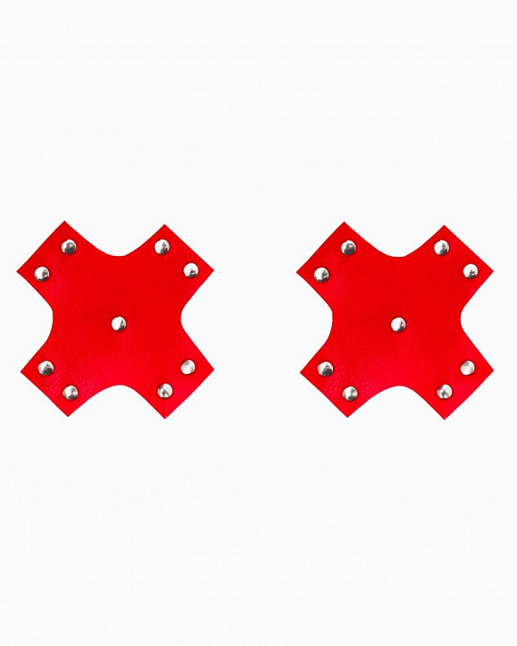 Красные пэстисы-кресты из экокожи с клепками - искусственная кожа, металл