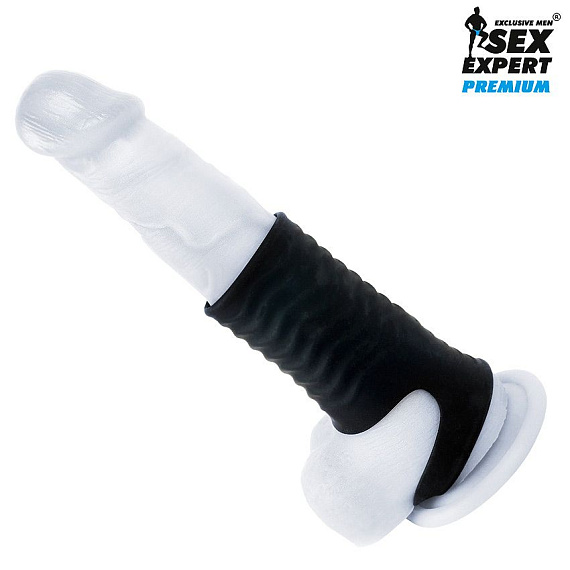 Черная открытая насадка на пенис с кольцом для мошонки XXL-size - 9,4 см. Bior toys