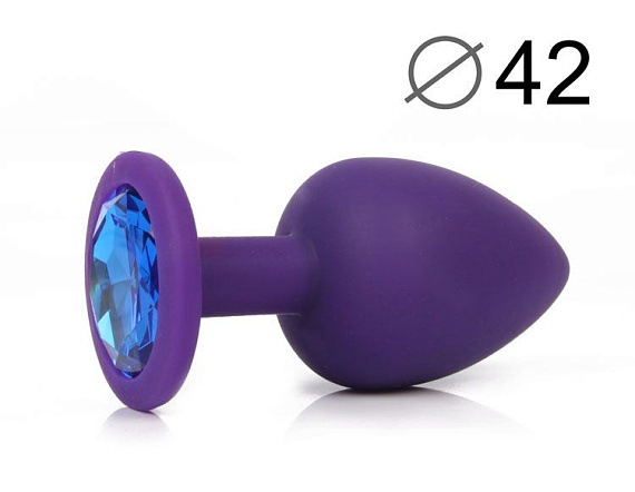Фиолетовая анальная пробка с синим кристаллом - 9,5 см. - силикон