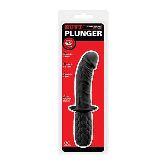 Черный изогнутый анальный фаллоимитатор BUTT PLUNGER с ручкой-ограничителем - силикон