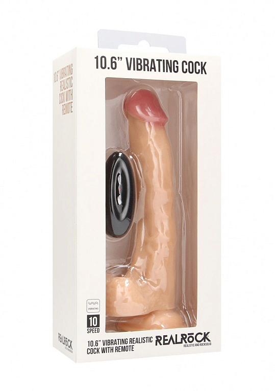 Телесный вибратор-реалистик Vibrating Realistic Cock 10  With Scrotum - 27 см. - термопластичная резина (TPR)