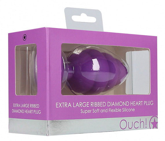 Фиолетовая анальная пробка Extra Large Ribbed Diamond Heart Plug - 9,6 см. - силикон