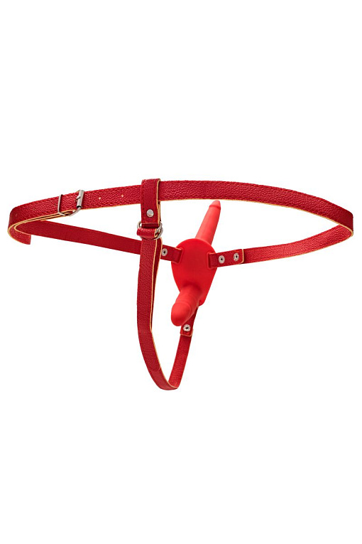 Красный страпон на ремнях с вагинальной пробкой - 15 см. от Intimcat