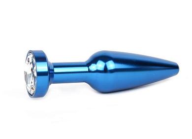 Удлиненная коническая гладкая синяя анальная втулка с прозрачным кристаллом - 11,3 см.