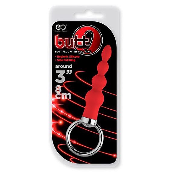 Красная анальная цепочка с колечком  BUTT O 3INCH BUTT PLUG - силикон