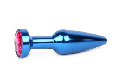 Удлиненная коническая гладкая синяя анальная втулка с малиновым кристаллом - 11,3 см.