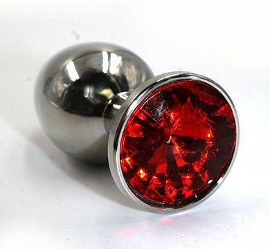 Серебристая алюминиевая анальная пробка с красным кристаллом - 8,4 см.