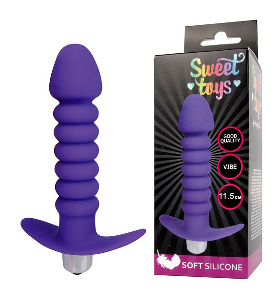 Фиолетовая анальная вибровтулка-елочка с ограничителем - 11,5 см. - силикон