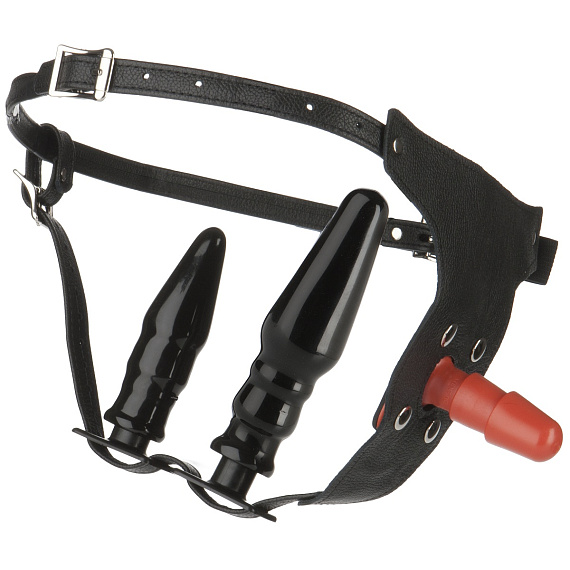 Женский страпон с двумя пробками Vac-U-Lock Set Leather Ultra Harness - 17,8 см. - поливинилхлорид (ПВХ, PVC)