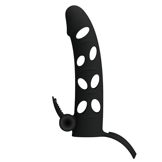 Чёрная закрытая насадка на пенис с вибрацией - 15,2 см. - силикон