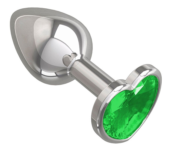 Серебристая анальная втулка с зеленым кристаллом-сердцем - 7 см. - металл