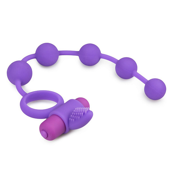 Фиолетовое эрекционное виброкольцо с анальной цепочкой Triple Pleasure - силикон