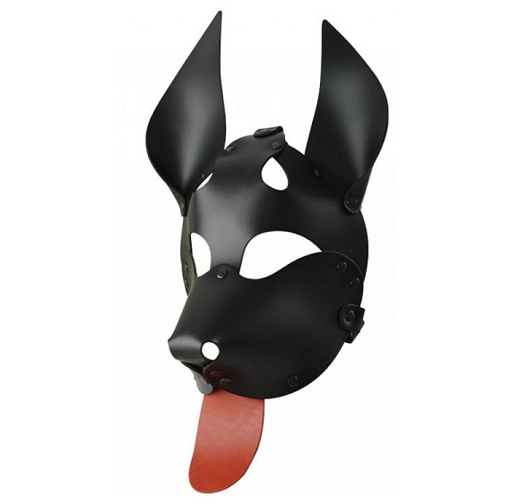 Черная кожаная маска  Дог  с красным языком - натуральная кожа