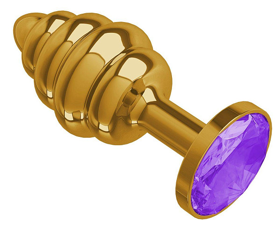 Золотистая пробка с рёбрышками и фиолетовым кристаллом - 7 см. - металл