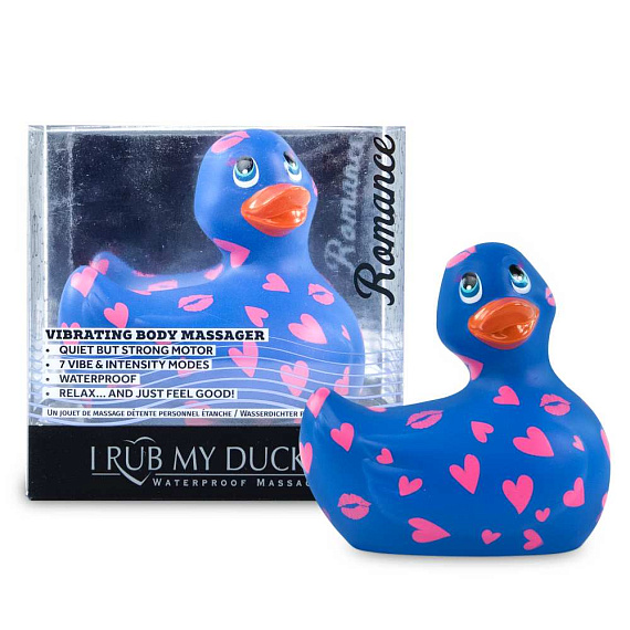 Синий вибратор-уточка I Rub My Duckie 2.0 Romance с розовым принтом - анодированный пластик (ABS)