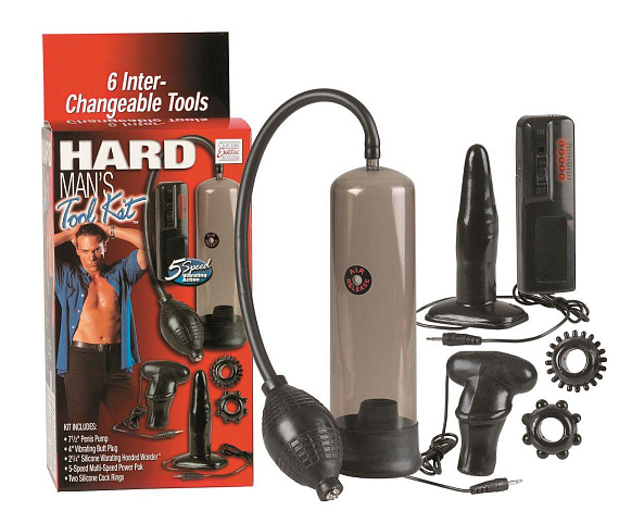 Набор для мужчин Hard Mans Tool Kit: вакуумная помпа, анальная пробка, эрекционные кольца и виброяичко