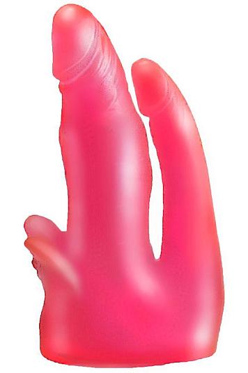 Розовая гелевая насадка с двумя стволами для страпона - 17,5 см.