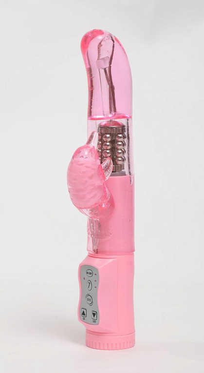 Розовый вибратор с изогнутой головкой и ротацией - 21,5 см. от Intimcat
