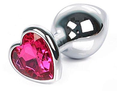 Серебристая анальная пробка с ярко-розовым кристаллом-сердцем размера L - 9,5 см.