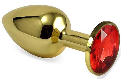 Золотистая анальная пробка с красным кристаллом - 8,5 см.