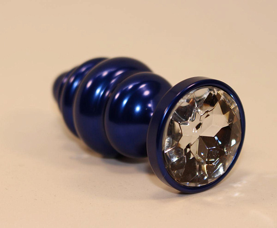 Синяя рифлёная пробка с прозрачным кристаллом - 7,3 см. - металл