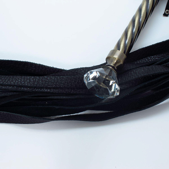 Черная плеть с кристаллом на металлической ручке - 78 см. - металл, натуральная кожа