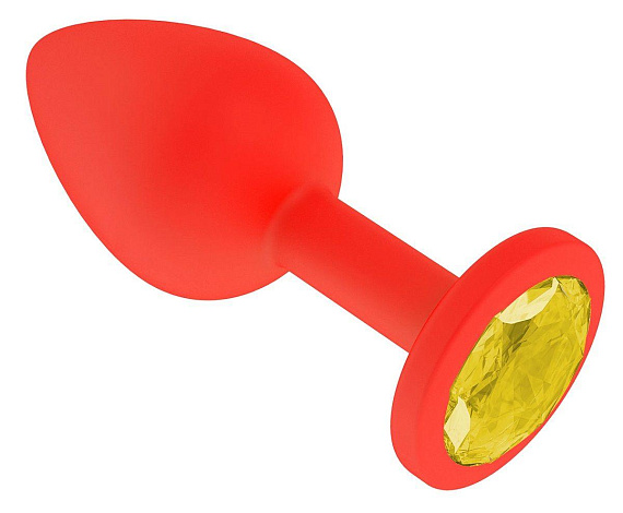 Красная анальная втулка с желтым кристаллом - 7,3 см. - силикон
